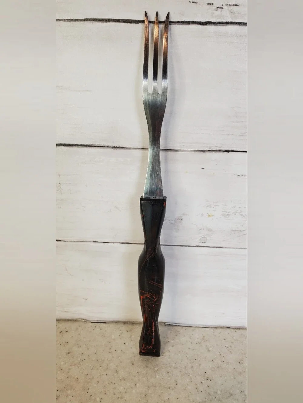 Vintage Cutco 1726 3 Tine Serving Fork Brown Marbled Handle USA Carving Meat